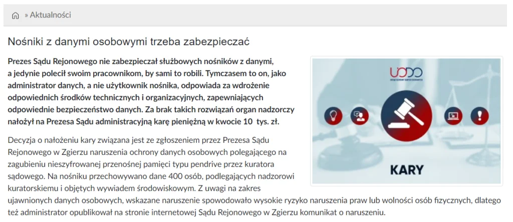 10 tys. kary za zagubienie nieszyfrowanego pendrive'a 2021-09-18 UODO Kara SR Zgierz